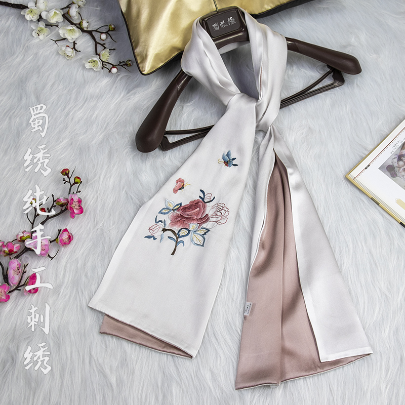 纯手工刺绣蜀绣原创丝巾真丝桑蚕丝中年女送妈妈潮牌春秋围巾方巾